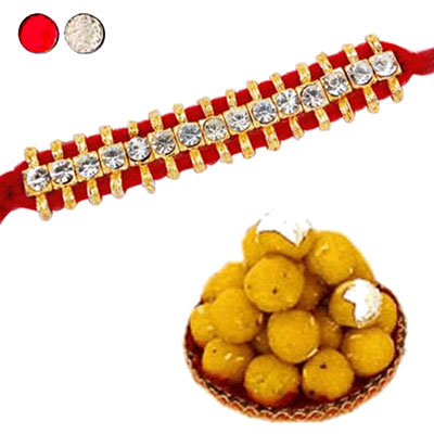 "Single Line Stone Rakhi - SR-9160 (Single Rakhi) +500gms of Laddu - Click here to View more details about this Product